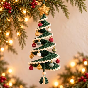 May include: A spiral-shaped crochet Christmas tree ornament in dark green with a white scalloped edge. It is decorated with small, multi-colored crocheted spheres in red, gold, and light blue, topped with a gold star and finished with a tassel.