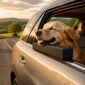 Puede incluir: Un golden retriever con los ojos cerrados y la boca abierta apoya la cabeza en el marco de la ventana de un coche plateado. El texto THE PAW MAISON Because they are family es visible en la esquina inferior derecha.