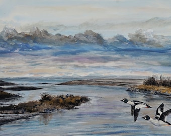 Fine art print of Spey Bay with winter golden eye ducks on the Moray Firth, Scotland. Free UK Shipping.