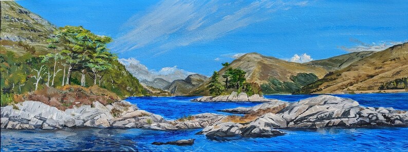 A fine art print from my original painting. This view of Loch Shiel, west of Forth William in Scotland looks north, back to the hills beyond Glenfinnan.