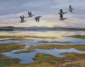 Fine art print of geese over Findhorn Bay on the Moray Firth, Scotland.  Free UK Shipping.