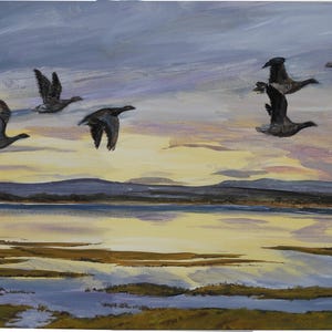 Scotland art print Findhorn Bay Moray Firth sunset with Pink-foot Geese