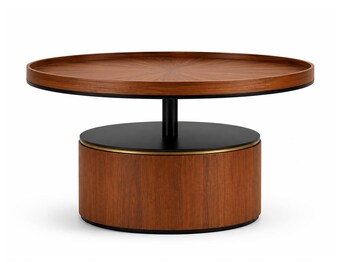 VELARO Round Coffee Table | Walnut Sunburst Veneer, Modern Cylindrical Base