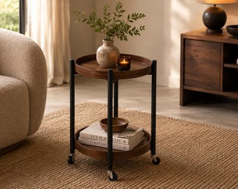 ALTON Walnut Wood Serving Trolley | Modern Rolling Bar Cart, Drinks Cart