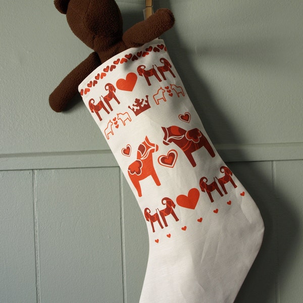 Swedish Dala Horse Christmas Stocking Printed in Red and White