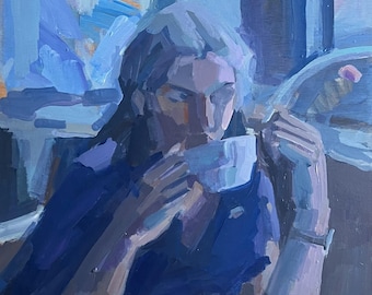 Lámina artística "Café Matutino" / 21 x 30 cm. Arte ambiental de cafetería / Decoración de pared interior azul oscuro / Póster impresionista de cafetería.