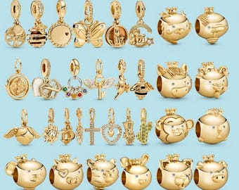 14K Gold Plated S925 Sterling Silver Zodiac Nature Charms, Pandora European Bracelet Compatible