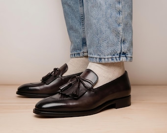 Handmade Men Museum Calf Leather Tassel Loafers