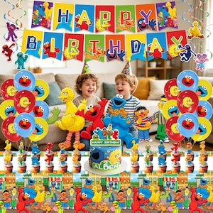 May include: A Sesame Street themed party set featuring a Happy Birthday banner, colorful balloons with character prints, a cake topper, and a table cover. The cake is decorated with blue frosting, character cutouts, and the text Alden 2.