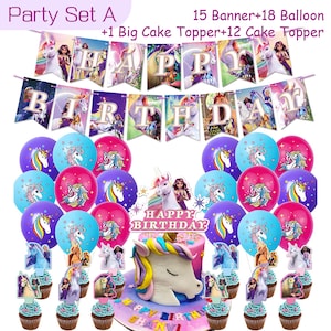Könnte beinhalten: Ein Party-Set bestehend aus einem Happy Birthday-Banner mit Einhorn- und Charakter-Illustrationen, 18 bunten Luftballons mit Einhorn-Motiven, einem großen Tortenstecker und 12 kleinen Cupcake-Steckern, mit dem Text Party Set A.