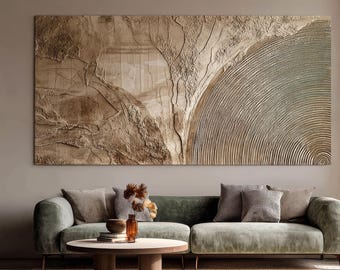 Pintura a óleo abstrata neutra de grandes dimensões, arte de parede texturizada em tons de marrom e bege, tela horizontal estilo Wabi Sabi para sala de estar e escritório com estilo moderno e orgânico.