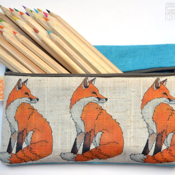 Fox Illustration Linen Zipper Pencil Pouch / Makeup Bag / Pencil Case, Fox Gift