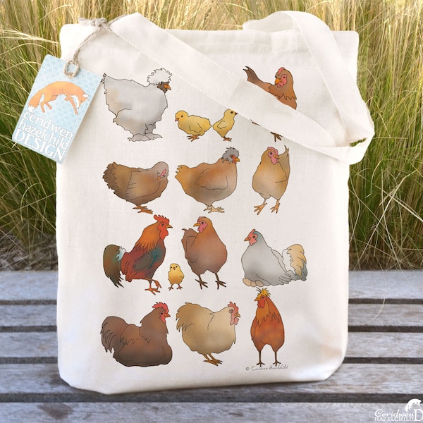 Chickens Tote Bag, Reusable Shopper Bag, Ethically Produced Shopping Bag, Cotton Tote, Shopping Bag, Eco Tote Bag, Stocking Filler