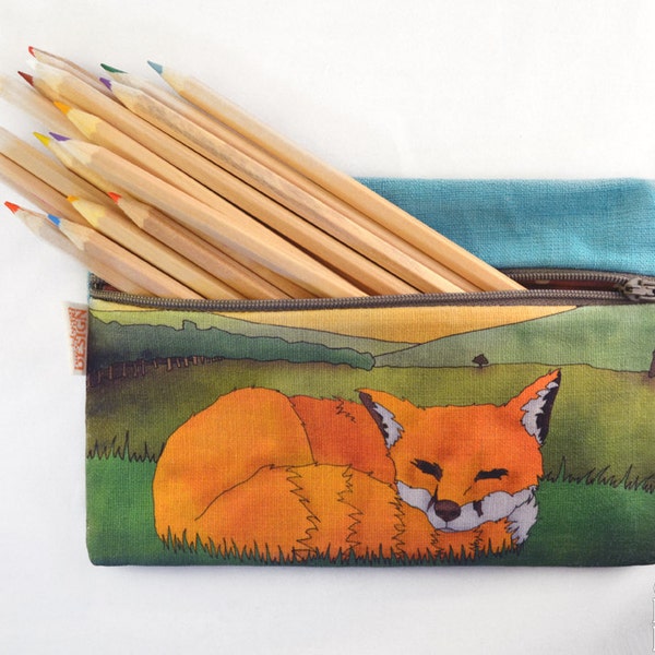 Sleeping Fox Illustration Linen Zipper Pencil Pouch / Makeup Bag / Pencil Case