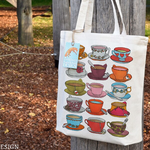 Teacups Tote Bag, Ethically Produced Reusable Shopper Bag, Cotton Tote, Shopping Bag, Eco Tote Bag, Stocking Filler