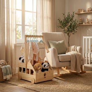 May include: A light-colored wooden clothing rack shaped like a bus, featuring a hanging rod with light blue hangers holding infant bodysuits and shirts. The base of the rack contains plush panda and dog toys, with a cutout bear face design.