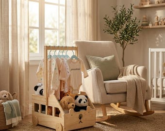 Wooden Baby Shower Basket with Hanger Rack, Rolling Crate Closet, Newborn Gift Box, Baby Keepsake Storage, Pregnancy Gifts Set
