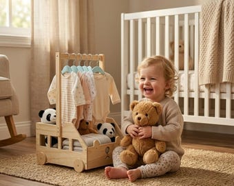 Wooden Baby Shower Basket with Hanger Rack, Rolling Crate Closet, Newborn Gift Box, Baby Keepsake Storage, Pregnancy Gifts Set