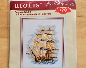 Vintage TALL SHIP Cross Stitch Kit by Riolis - Finished Size 11-3/4 x 15-3/4" - c 2003 - Complete Kit in Original Packaging - Nautical Theme