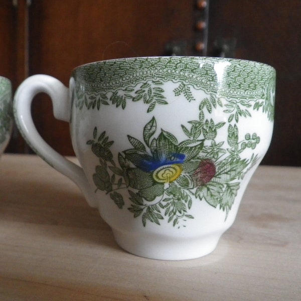 2 Wedgwood Demitasse Cups ORIENTAL PHEASANT GREEN Floral Design Made in England Coffee Espresso Gift Two Hot Mug Table Drink Beverage Pair