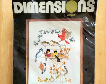 BIRDS FEEDING by Dimensions 1196 Crewel Kit - Unopened - Finished Size 16x20" - Complete Kit - Needle Stitch - c. 1980 - See Condition