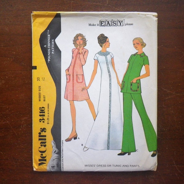 McCall's Pattern 3416 Dress or Tunic & Pants Size 20 Misses' Women's Make it Easy Patterns Vintage 1972 Hippie Costume Wide Leg Caftan Maxi