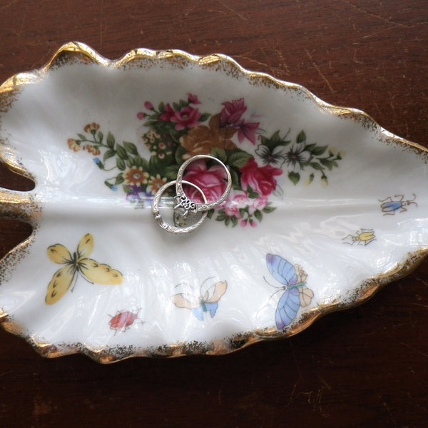 Leaf Dish ROYAL CROWN Handpainted Numbered 44/110 China Trinket Dish Gold Trim Ring Porcelain Philodendron Plant Butterfly Flowers Insects