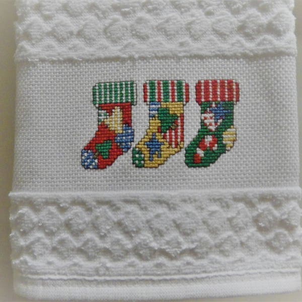 Trio of Christmas Stockings XL Hand Towel 16x24" Plush Guest Bath Kitchen Completed Cross Stitch Shower Bathroom Holiday Gift Xmas Hostess