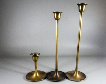 Set of 3 Brass Banded Candleholders Made in India 9 1/4 and 8 inch high Candlestick Holders MCM Decor Midcentury Centerpiece Mantle Decor