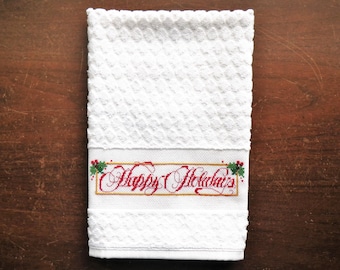 Happy Holidays in Script - XL Hand Towel 16x24" - Guest Bath Kitchen - Completed Cross Stitch - Christmas Hostess Gift