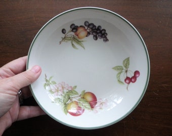 Set of 3 English Coupe Soup Bowls Fruit & Flower Pattern Green Trim 6 5/8" Cereal Dish Gift Made in England Apples Grapes Cherries Apricot