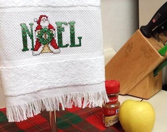 Hand Stitched Noel Christmas Hand Towel - Completed Cross Stitch