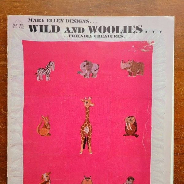 WILD and WOOLIES Cross Stitch Pattern Leaflet 16 pgs from Mary Ellen Designs Friendly Creatures c. 1982 Summit Designs Hippo Walrus Giraffe