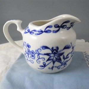 Shabby Creamer, Vintage China Pitcher, Jug w/ Handle - Hostess Gift - Replacement - Blue & White, Farmhouse Style