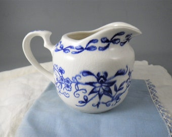 Shabby Creamer Vintage China Pitcher Jug w/ Handle Serving Hostess Gift Replacement Made in Japan Coffee Tea Service Blue & White Farmhouse