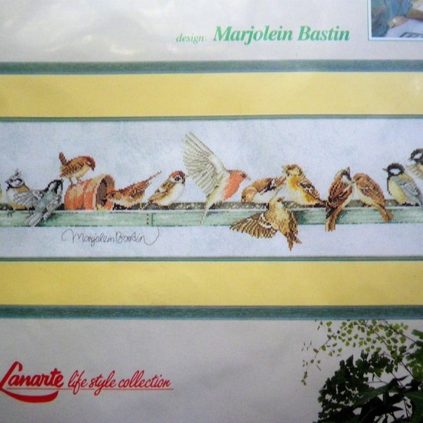 NIP LanArte (the Art of Stitching) / PN-0007963 Pecking Order by ©Marjolein Bastin / Cross Stitch Kit 27x7 inches Birds Finch Bird Feeder