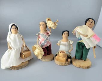 Handmade - Vintage Set of 4 Folk Art Dolls - Puerto Rico - Quincanera - Soft Sculpture and Wire - Souvenir Dolls - Rustic Caribbean