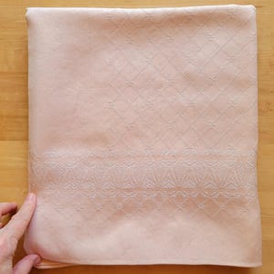 Peach Diamond Linen 48x50&quot; Tablecloth - Square Table Cover w/ Stunning Stitched Design - Cottage Chic - Easter Decor - Spring