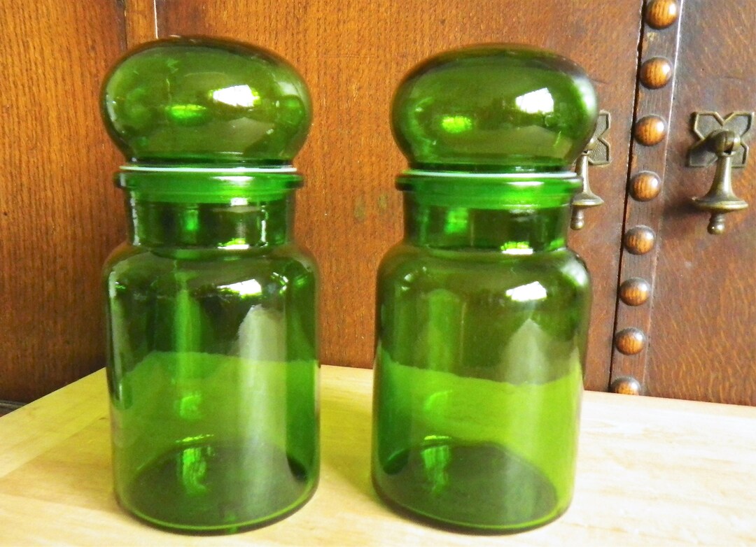 Set of 2 Belgian Glass Apothecary Jars Vintage Emerald Green Jars W