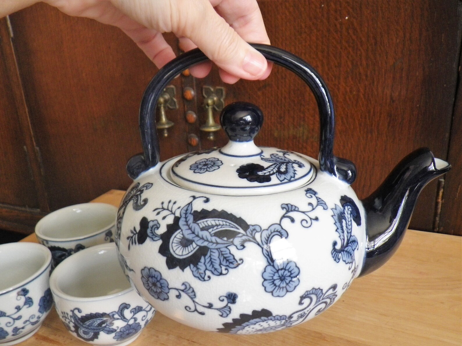 Pier One Blue China Tea Set Teapot and 3 Tea Cups Etsy