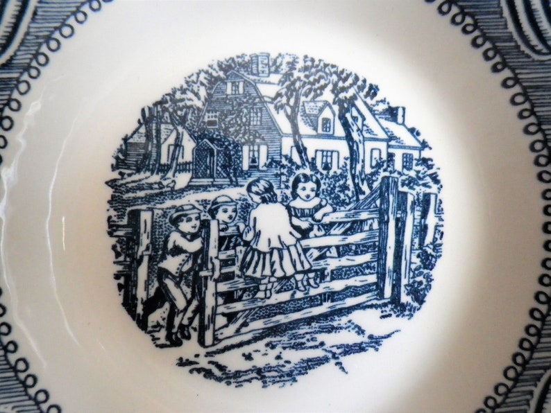 Set of 3 Fruit Dessert Bowls Old Farm Gate by Currier and Ives Blue by Royal USA 5 58 in Scrolls Edge Center Scene Holiday Table Meal Three