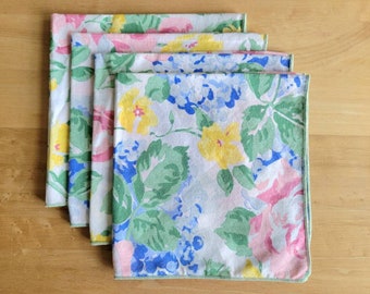 Set of 4 Vintage Cloth Napkins - Floral Table Linens - Pastel Flowers and Green Leaves - Cotton - c. 1980's