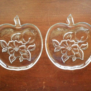 2 Apple Snack Plates - No Cups - Glass Clear Dish Vintage Apple by Orchard Fruit Apples Gift 1970&#39;s Groovy Flower Blossom Embossed Farmhouse