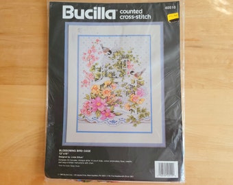 Bucilla BLOSSOMING BIRD CAGE Counted Cross Stitch Kit Size 12x16" Vintage in Original Package Unopened No. 40510 Complete Kit c. 1990