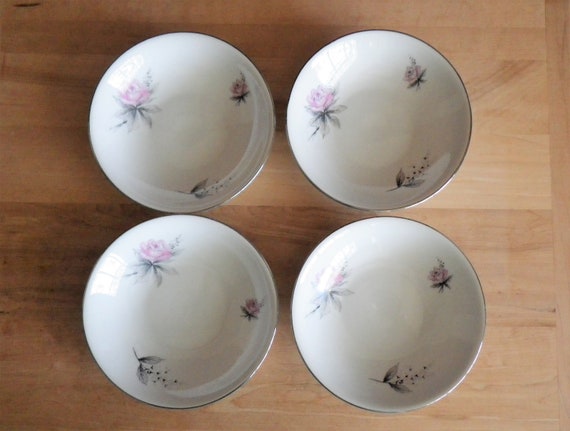 Set of 4 Sauce Dessert Bowls Pink Roses by WINTERLING Bavaria Vintage  Floral Replacement Flowers Dish Table Setting Fruit Bowl Platinum Trim 