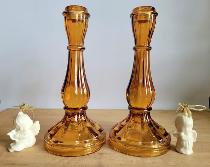 Vintage Pair of Amber Glass Candlesticks by Robert Stanley Candle