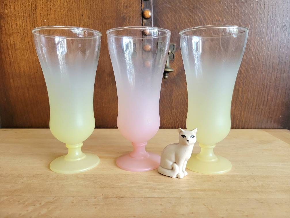 Set of 3 Frosted Parfait Glasses Yellow and Pink Vintage Glass 3-7
