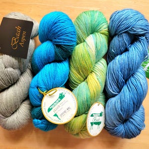 May include: An overhead shot of four skeins of colorful yarn. The yarn colors include gray, turquoise, green, and blue. Each skein has a tag attached. The tags have the brand name and product information.