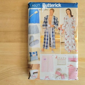 Uncut Butterick Pattern 5027 His & Hers Bathrobe and Gifts - One Size c. 1997 Unisex Robe, Slippers, Bath Wrap, Makeup Bag and Roll Sz 30-48