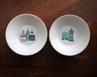 2 Small Plates by Melitta - Model "Zürich" Designer Jupp Ernst 4-3/4" Russian Houses Trinket Dish Tea Bag Miniature Collectible Hard to Find